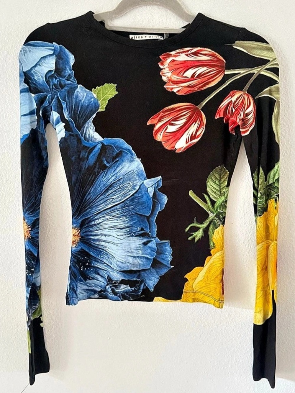 alice + olivia Floral Long Sleeve Top in Black & Blue XS